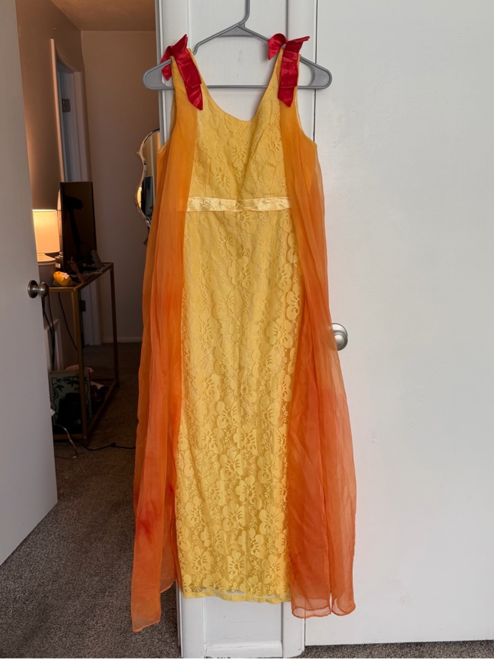 Yellow Lace Vintage Dress with Orange Overlay and Red Ribbon Straps